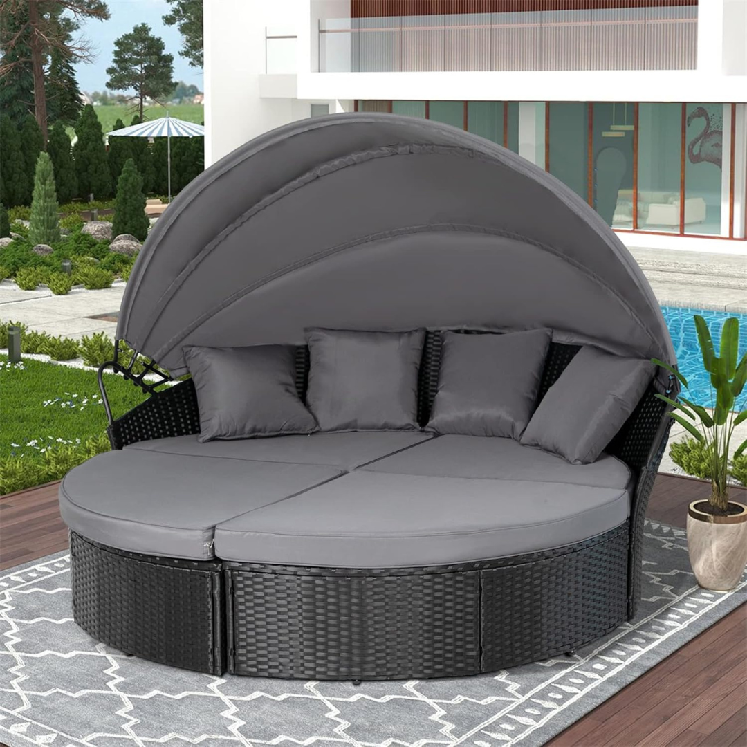 Backyard Porch Round Daybed  - Retractable Canopy