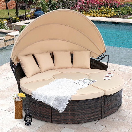Backyard Porch Round Daybed  - Retractable Canopy