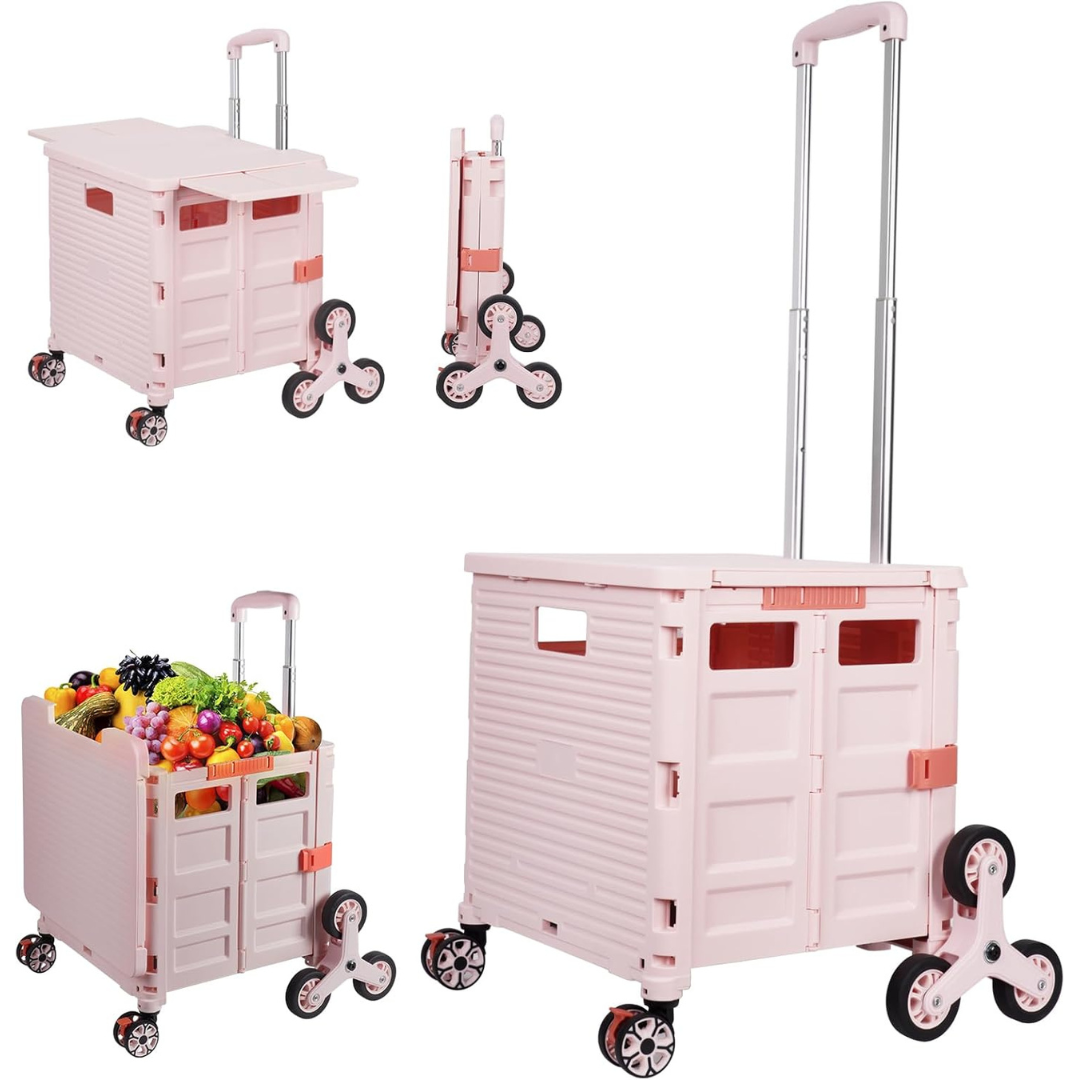 Folding Portable Rolling Crate Handcart - Heavy Duty Collapsible Basket