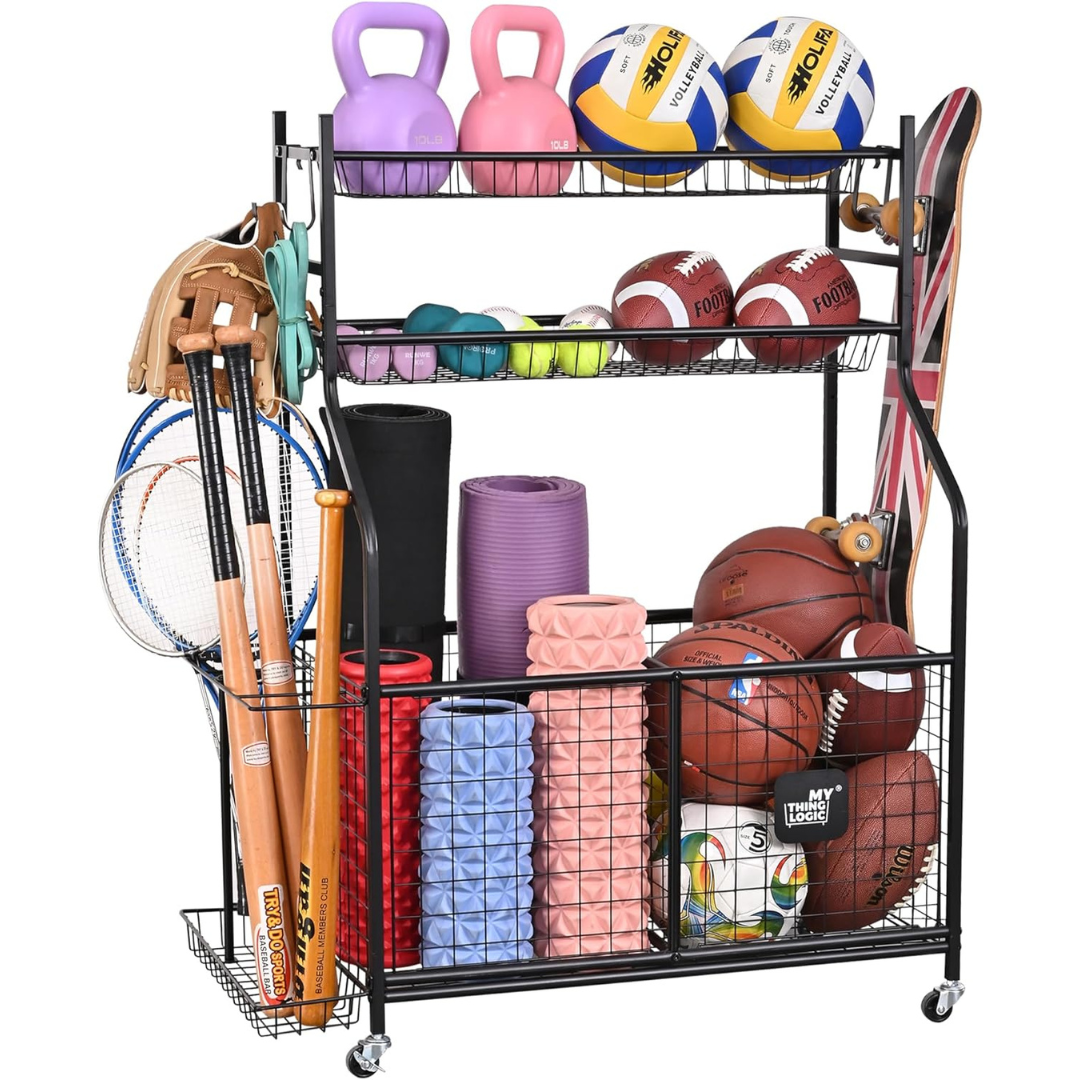 Sports Equipment Garage Organizer -  Cart with Wheels for Indoor/Outdoor