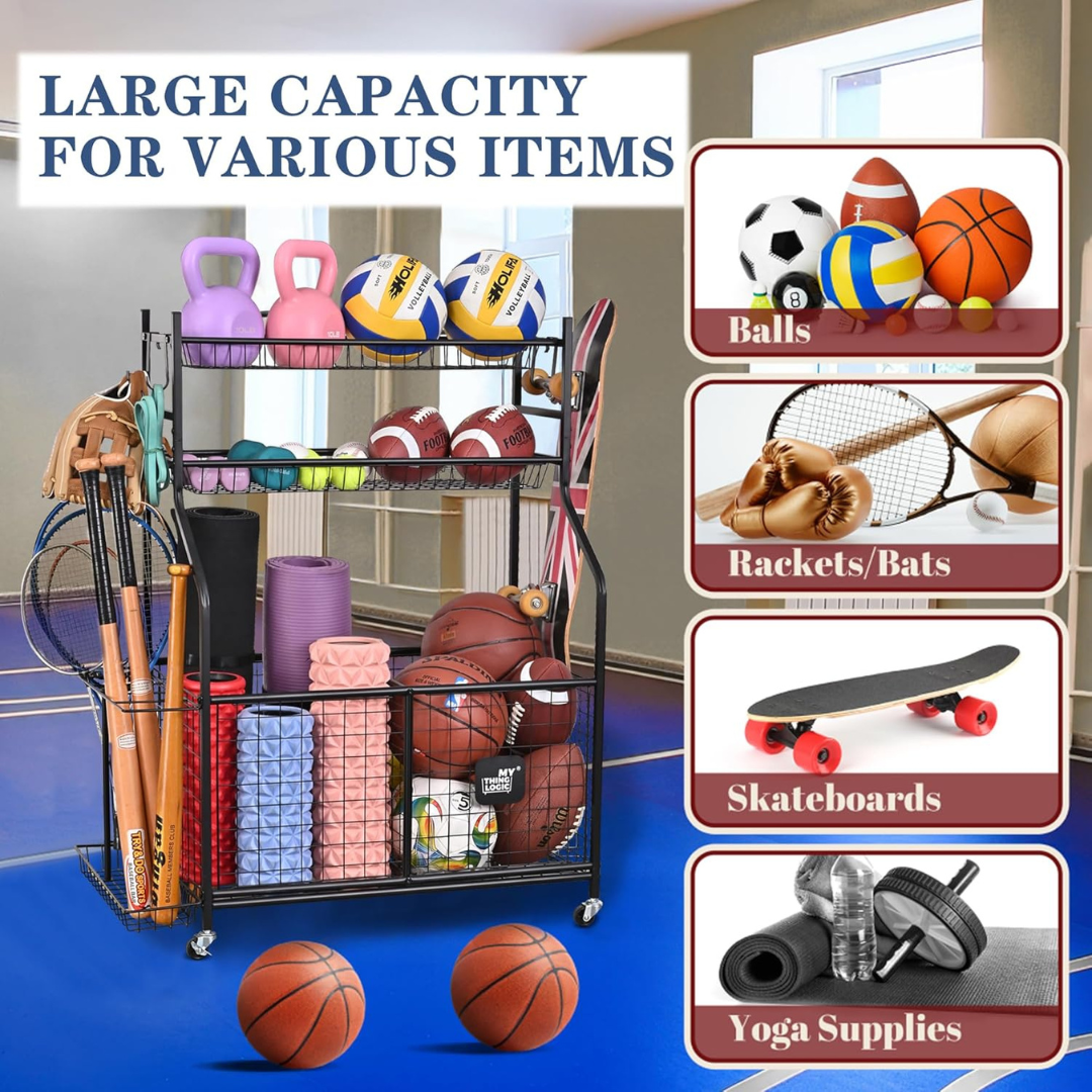 Sports Equipment Garage Organizer -  Cart with Wheels for Indoor/Outdoor