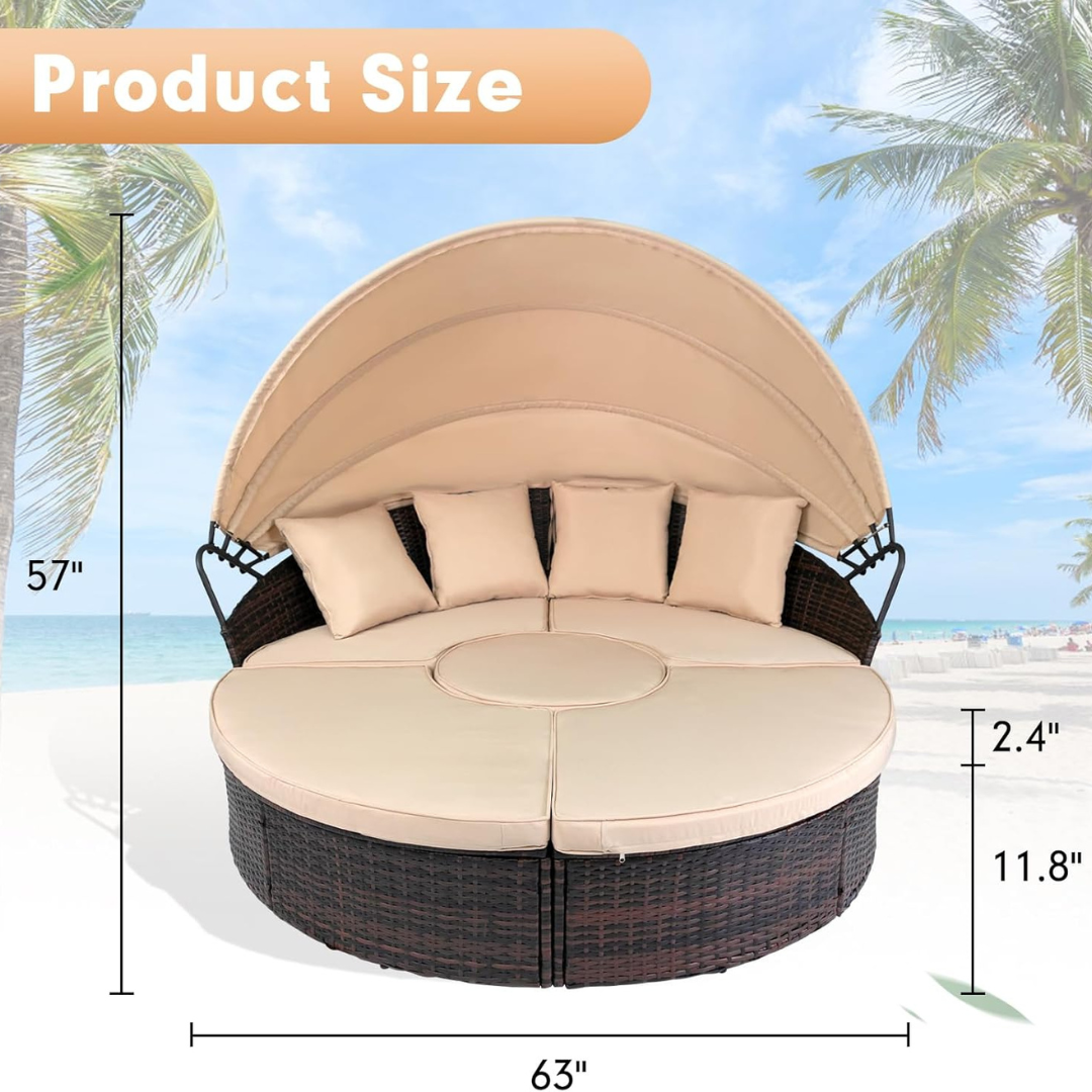 Backyard Porch Round Daybed  - Retractable Canopy