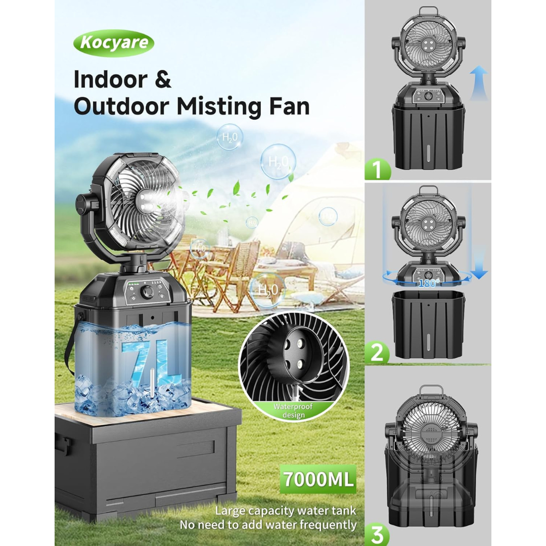 Misting fan with 7L bucket 90°Oscillating - 4 Spray Mister 25000mAh Rechargeable fan