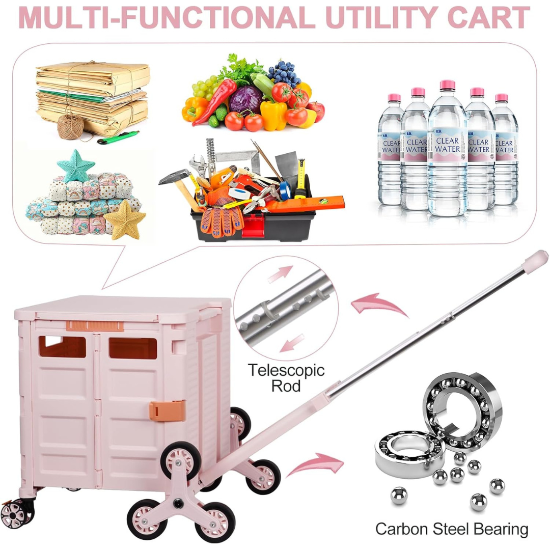 Folding Portable Rolling Crate Handcart - Heavy Duty Collapsible Basket