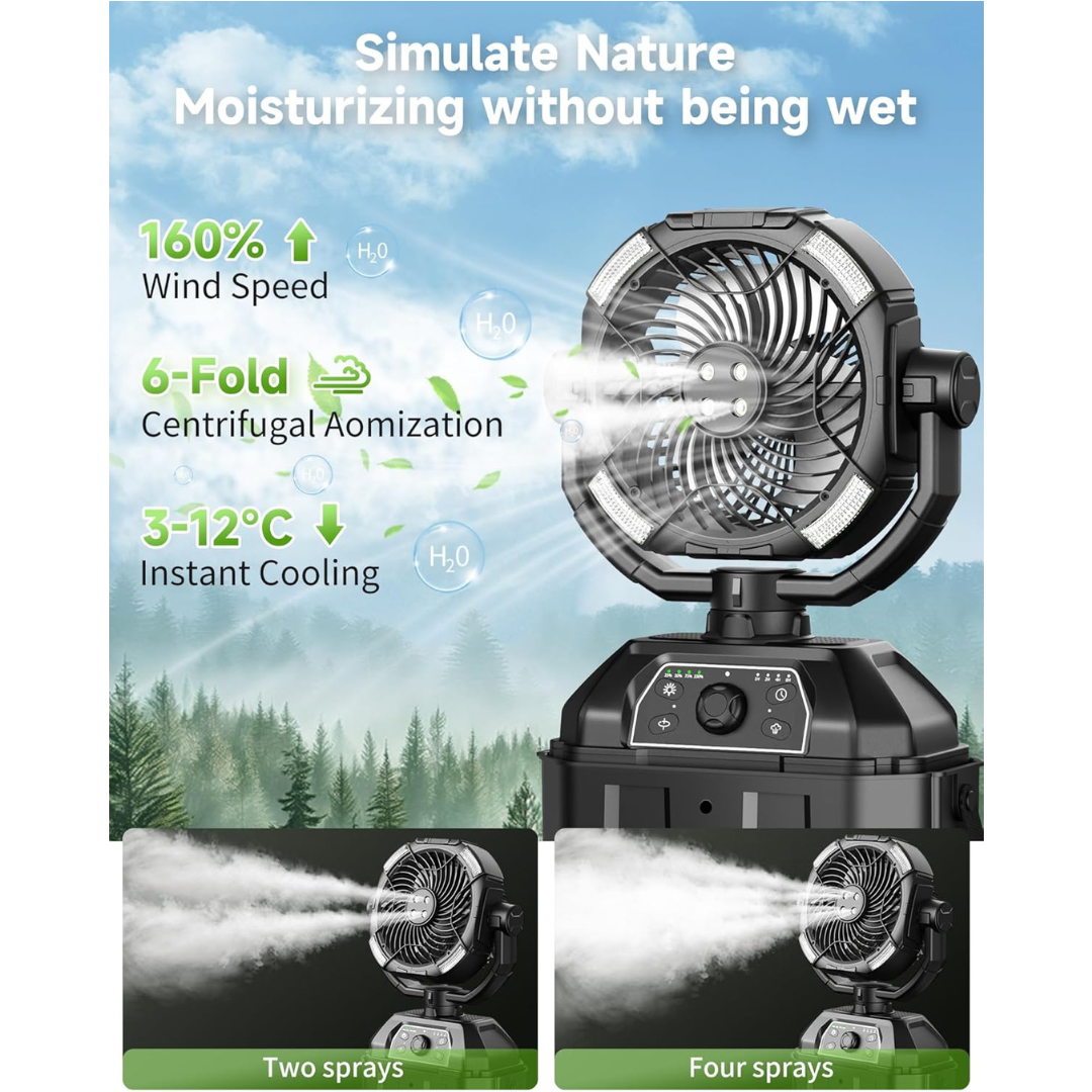 Misting fan with 7L bucket 90°Oscillating - 4 Spray Mister 25000mAh Rechargeable fan