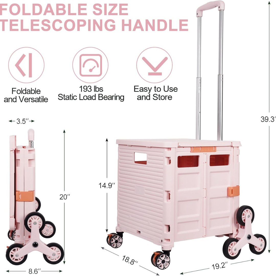 Folding Portable Rolling Crate Handcart - Heavy Duty Collapsible Basket