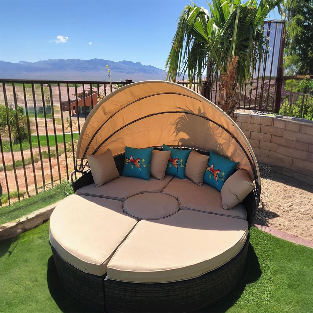 Backyard Porch Round Daybed  - Retractable Canopy