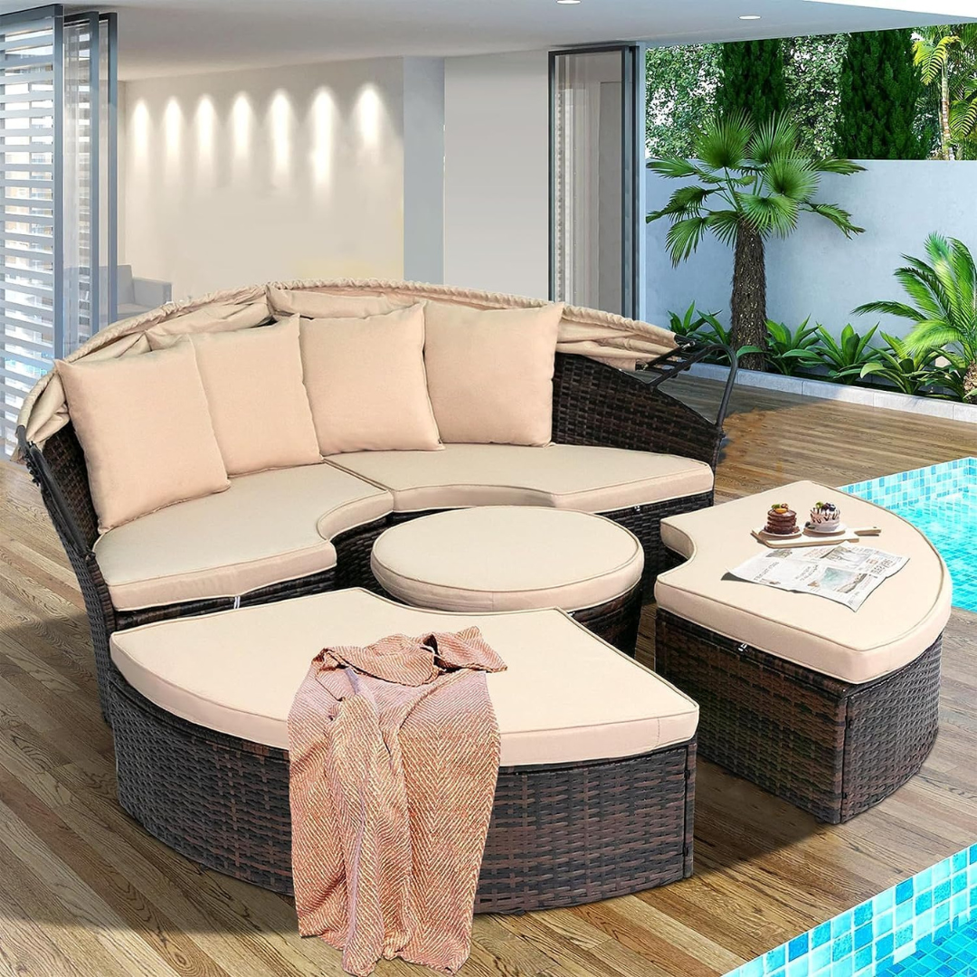 Backyard Porch Round Daybed  - Retractable Canopy