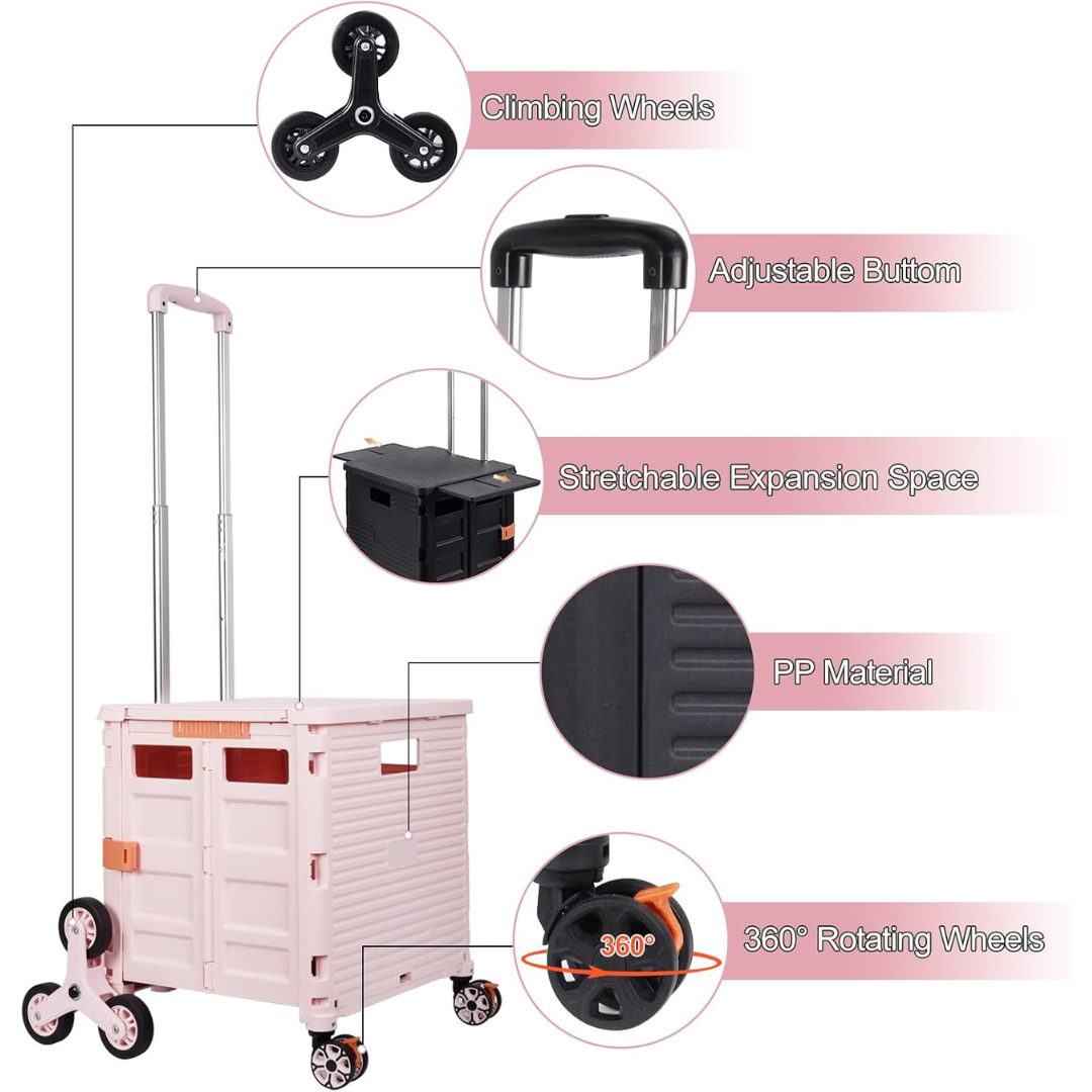 Folding Portable Rolling Crate Handcart - Heavy Duty Collapsible Basket