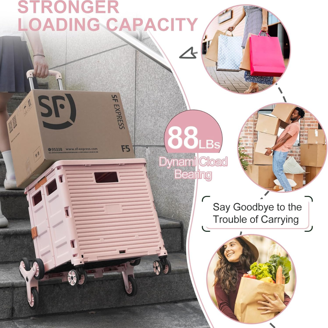 Folding Portable Rolling Crate Handcart - Heavy Duty Collapsible Basket