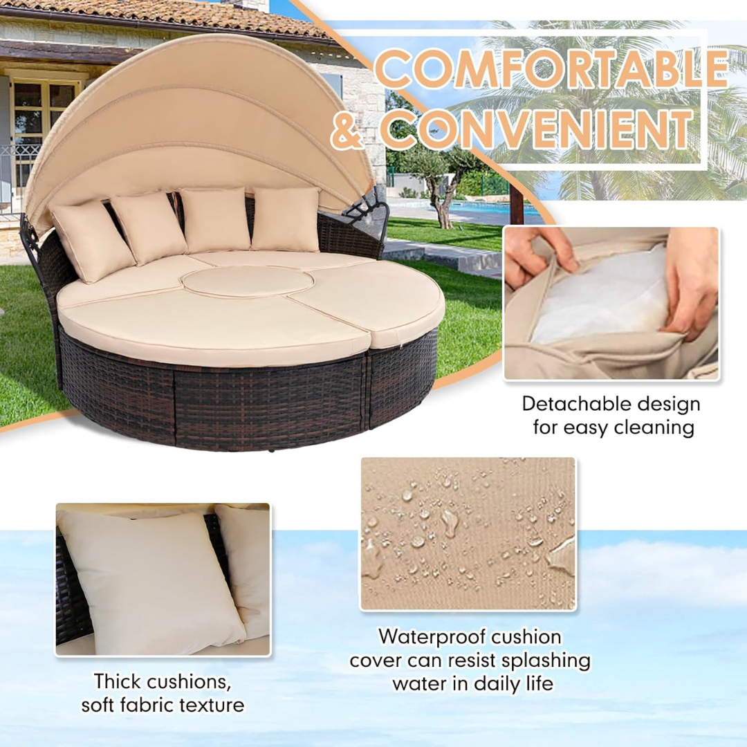 Backyard Porch Round Daybed  - Retractable Canopy
