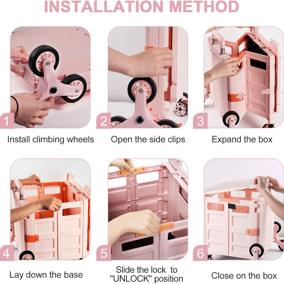 Folding Portable Rolling Crate Handcart - Heavy Duty Collapsible Basket