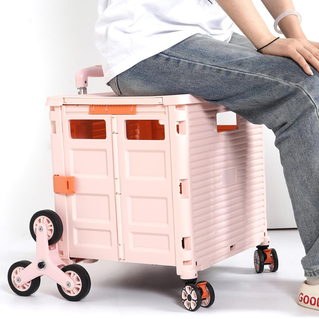 Folding Portable Rolling Crate Handcart - Heavy Duty Collapsible Basket