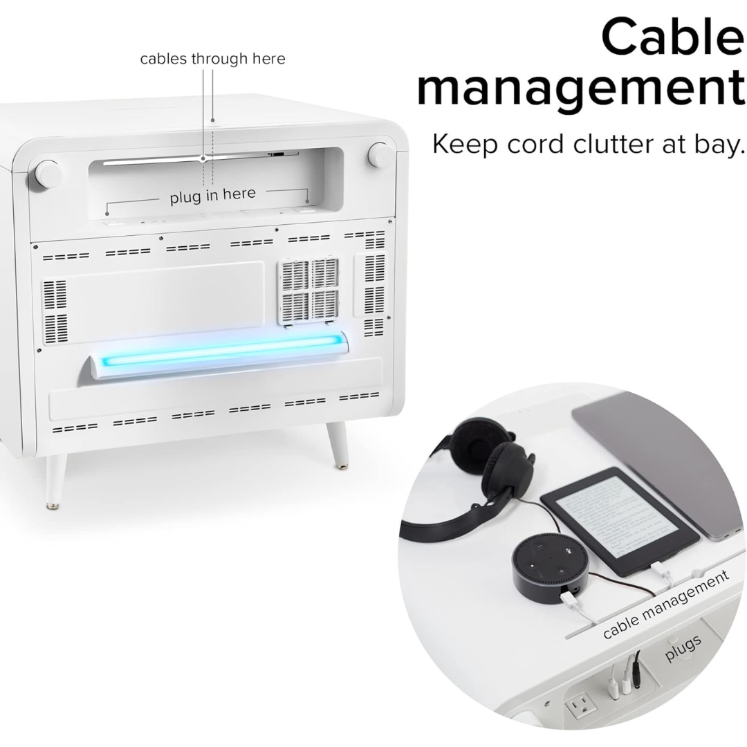 Smart Side/Nightstand Table - with Cooling Drawer, Wireless Charging, Bluetooth Speakers, USB-C and 120V outlets, LED Light