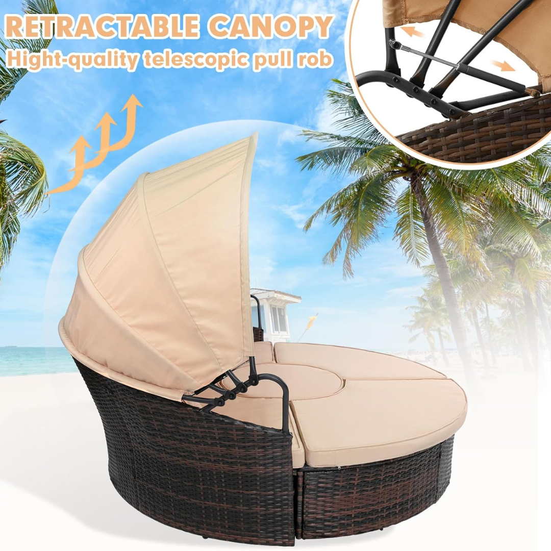 Backyard Porch Round Daybed  - Retractable Canopy