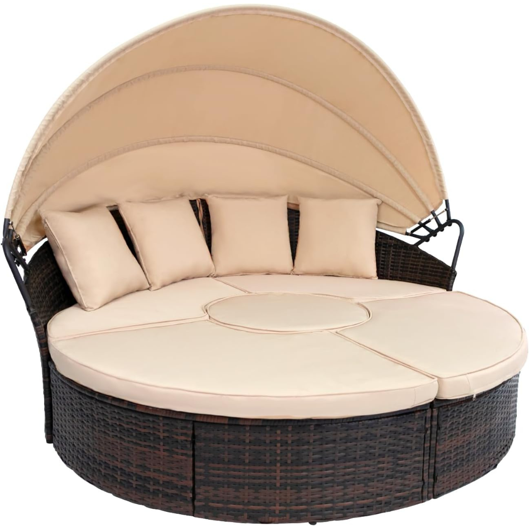 Backyard Porch Round Daybed  - Retractable Canopy