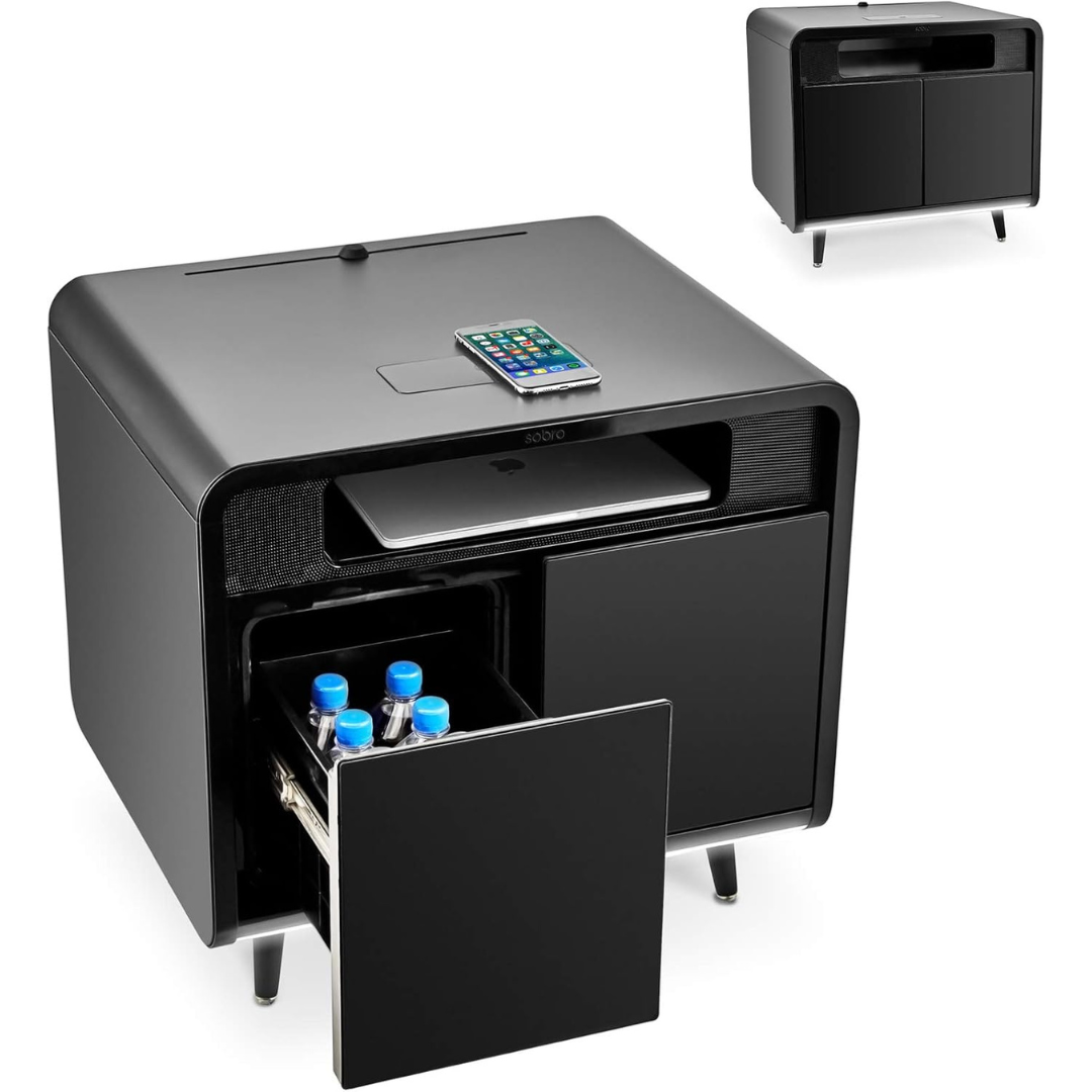 Smart Side/Nightstand Table - with Cooling Drawer, Wireless Charging, Bluetooth Speakers, USB-C and 120V outlets, LED Light